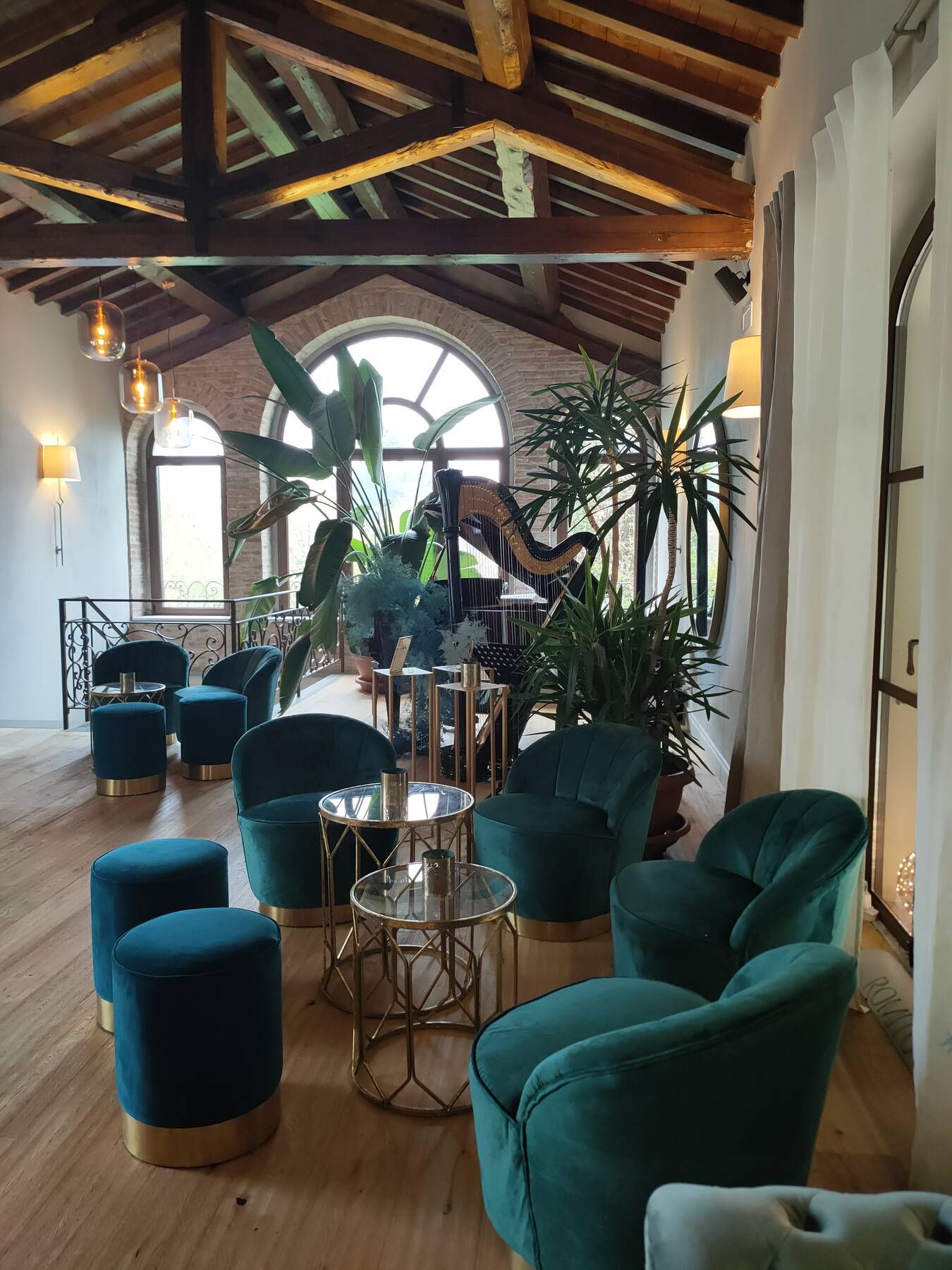 Angolo lounge con arpa e piante
